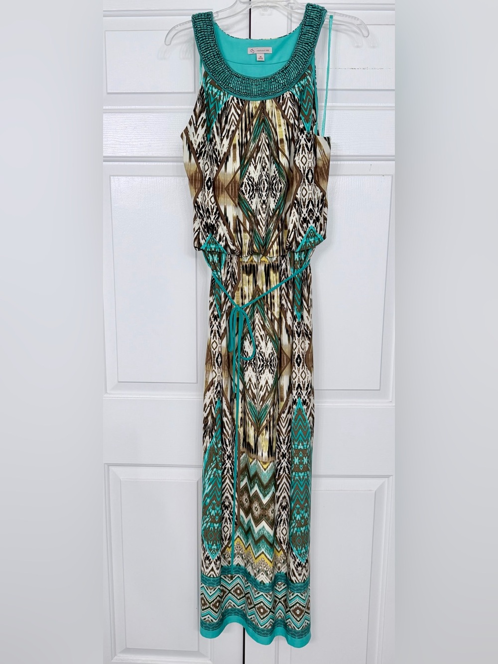 Beaded-Neck Aztec Print Maxi Dress in Turquoise and Brown
